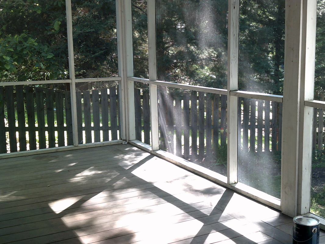 Picture of a screened-in porch with sagging screens and old paint
